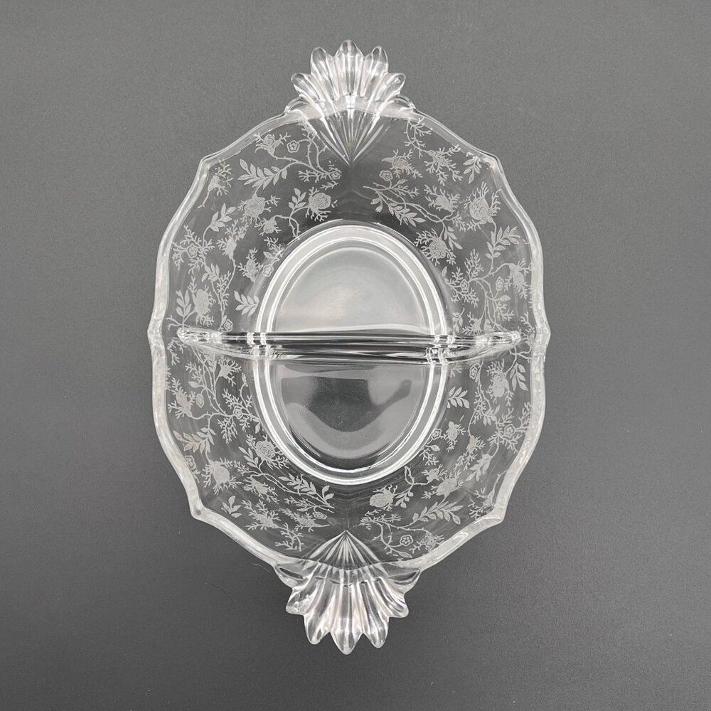 Vintage Fostoria Baroque Navarre Etched Glass Divided Serving Dish Floral Design - Picture 5 of 15